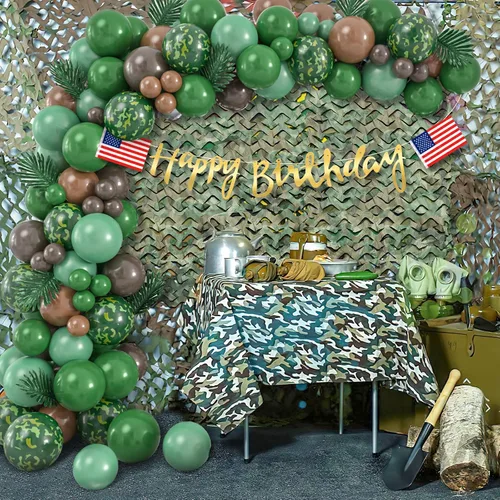 Vista 3 de Decoraciones de fiesta de cumpleaños del ejército 133, suministros de fiesta de camuflaje militar, kit de guirnalda de arco de globos, telón