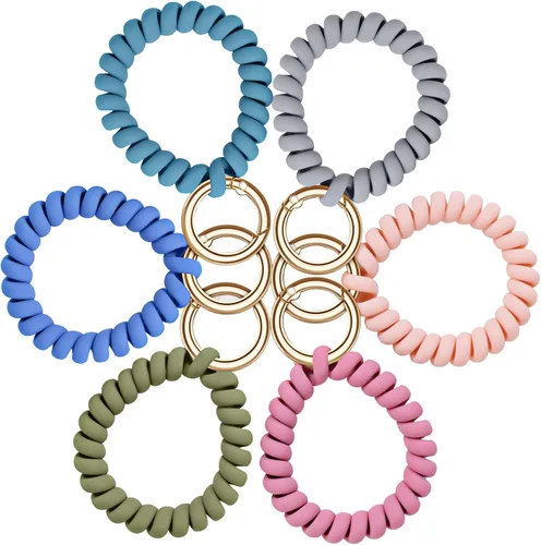 Vista 2 de 6 pulseras elásticas con llavero de muñeca, pulsera flexible en espiral de resorte, pulsera de muñeca con espiral flexible, soporte para llaves