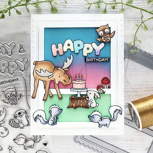 Vista 2 de Hooray Happy BIRTHAY - Juego de sellos y troqueles para hacer tarjetas, sellos transparentes y troqueles de corte de metal para álbumes de recortes