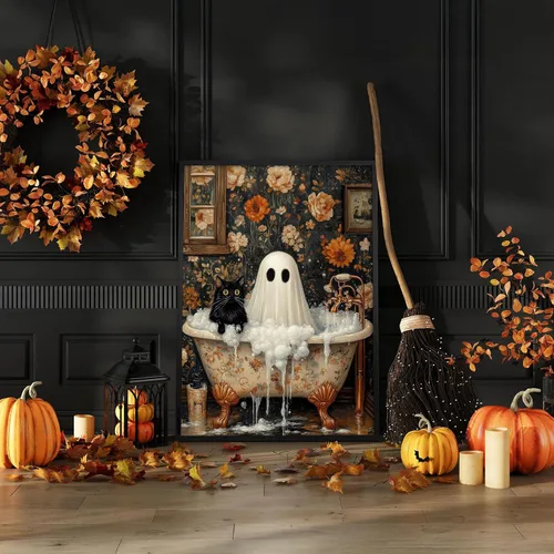 Vista 5 de Lienzo enmarcado negro para pared, póster de Halloween Dark Academia, pintura de gato negro, fantasma en la bañera, imágenes góticas de terror