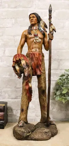 Vista 8 de Ebros Gift Gran nativo americano indio águila guerrero tribal héroe tribal con lanza y escudo de guardia de pie 22 pulgadas de alto, estatua como