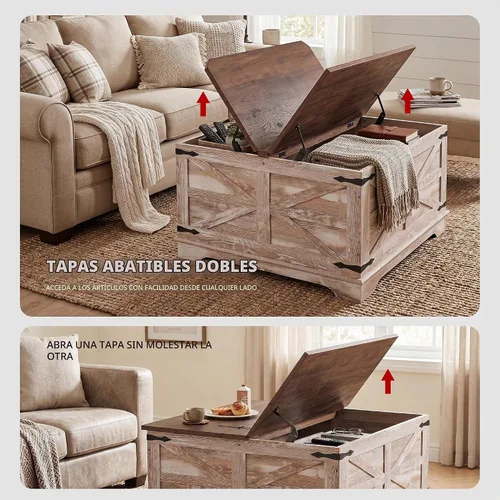 Vista 4 de senlin Mesa de café de casa de campo, mesa de café resistente con almacenamiento, mesa central cuadrada de madera con compartimento