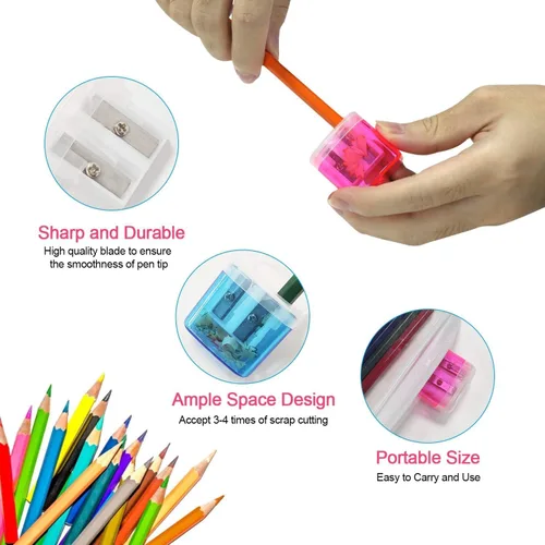 Vista 4 de ForTomorrow Sacapuntas manuales para niños, paquete de 8 sacapuntas pequeños de mano de doble agujero con tapa para escuela, aula, oficina en casa