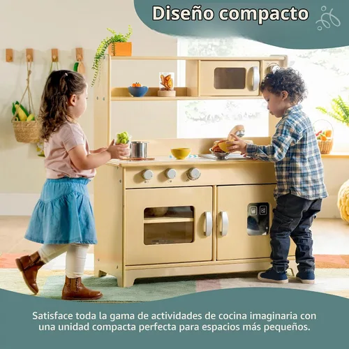 Vista 4 de Guidecraft EdQ - Juego de cocina todo en uno para niños, color natural: cocina dramática de madera para niños pequeños con estufa, microondas