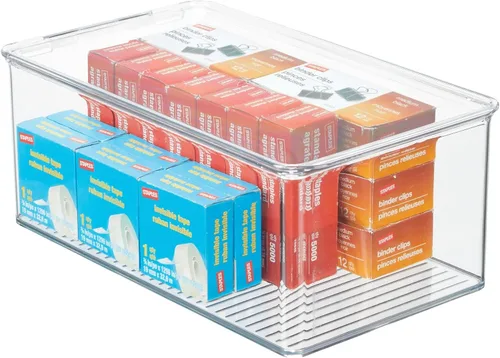 Vista 9 de mDesign Caja organizadora de almacenamiento apilable de plástico para oficina en casa con tapa de bisagra, contenedor para blocs de notas