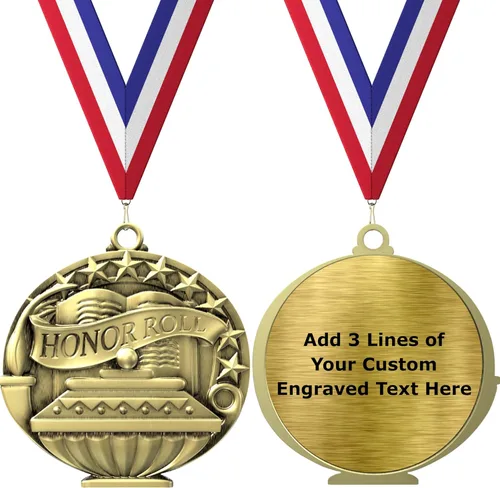 Vista 4 de Express Medals Pack of 10 (or More) Engraved Scholastic Honor Roll Award Medals with RWB Neck Ribbons