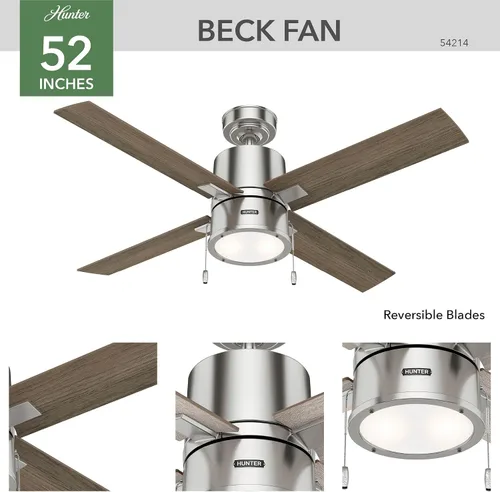 Vista 7 de Hunter Beck - Ventilador de techo para interiores, con luz LED, 52 pulgadas, níquel cepillado