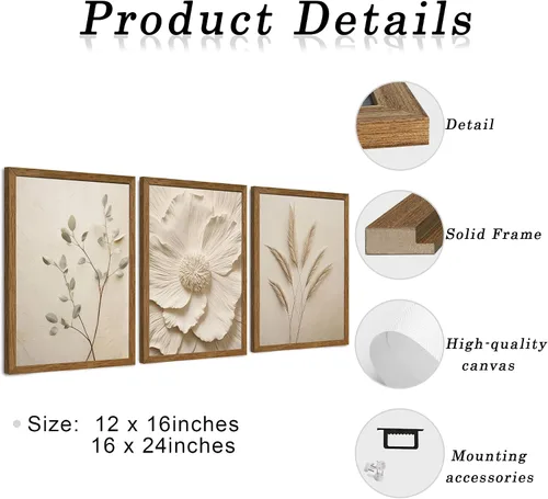 Vista 6 de JLTULT 3 piezas de arte de pared con flores en lienzo con marco, arte de pared de flores en tonos neutros y beige, arte de pared de flores