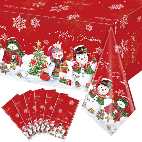 Vista 14 de FunnyPars 3 piezas manteles de muñeco de nieve navideños de plástico, cubierta de mesa de invierno con copos de nieve y árbol de Navidad