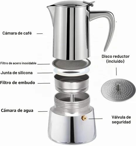 Vista 4 de Cafetera espresso de acero inoxidable con reductor (6 tazas)