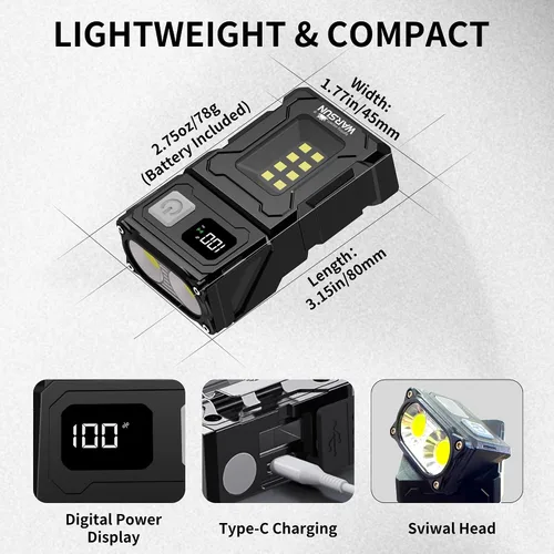 Vista 3 de WARSUN DC08 linterna LED recargable giratoria, luz de trabajo mini de 800 lúmenes, pequeña linterna EDC con clip para la espalda, linterna Negro