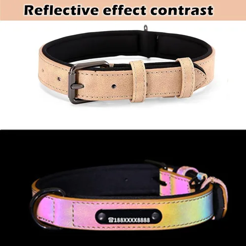 Vista 2 de Collares de perro personalizados, collar de cuero reflectante para perro, placa de identificación grabada, tamaños ajustables para perros pequeños