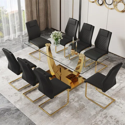 Vista 12 de Juego de mesa de comedor de cristal de 63 pulgadas para 4, mesa de comedor para 4, mesa de comedor con patas y base de acero inoxidable, sillas