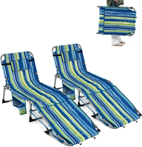 Vista 14 de Goplus Silla de bronceado con agujeros para brazos faciales, silla portátil para tomar el sol con respaldo de 4 niveles y almohada para la cabeza