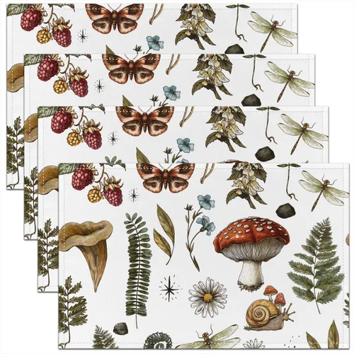 Vista 25 de Juego de 4 manteles individuales con diseño de hongos salvajes, acuarela, plantas naturales, decoración de plantas, para niños, adolescentes