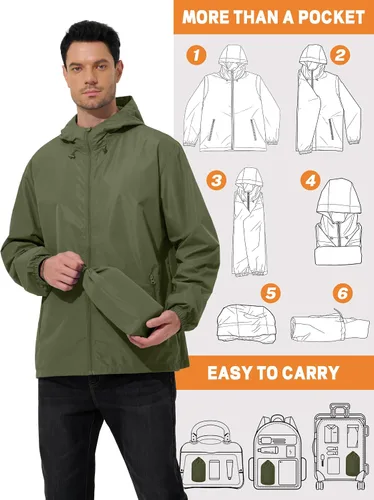 Vista 5 de UIQUR Chaqueta impermeable para hombre, ligera, rompevientos, impermeable, ciclismo, correr, senderismo, equipamiento con capucha plegable