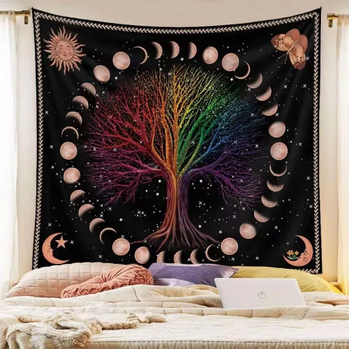 Vista 2 de Tapiz de árbol de la vida, misterioso árbol de los deseos, tapiz de arte estético para colgar en la pared, psicodélico, hippie, bohemio, arte