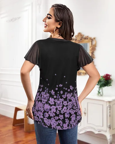 Vista 2 de VALOLIA Blusas de verano para mujer, cuello en V, manga corta, volantes, blusas de doble capa, camisas elegantes florales