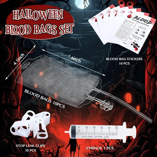 Vista 3 de 100 bolsas desechables grandes de 16 pulgadas, 10 bolsas de sangre de Halloween para bebidas