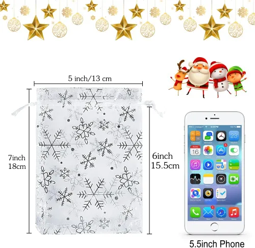 Vista 2 de HRX Package 100 bolsas de organza de copo de nieve de Navidad de 5 x 7 pulgadas, bolsas de regalo de malla con cordón blanco para joyas, dulces
