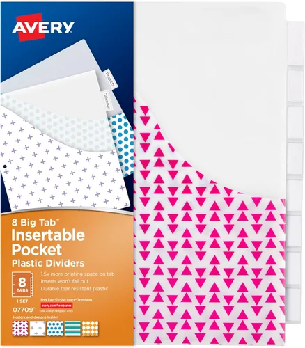 Vista 11 de Avery Big Tab 07709, juego de 8 separadores plásticos con bolsillos. Varios diseños de moda