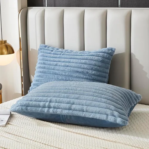 Vista 12 de Juego de 2 fundas de almohada para cama tamaño king, fundas de cojín rectangulares lumbares con diseño de rayas, forro de piel de conejo sintética