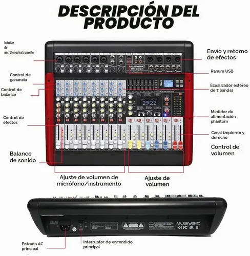 Vista 3 de MUSYSIC Tablero mezclador de audio profesional de 10 canales con efectos