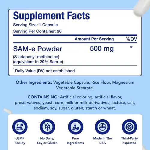 Vista 4 de SAM-E Suplemento de 500 mg Fácil absorción S-adenosil-L-metionina SAM-e 500mg para suplemento de apoyo óseo y estado de ánimo Fabricado