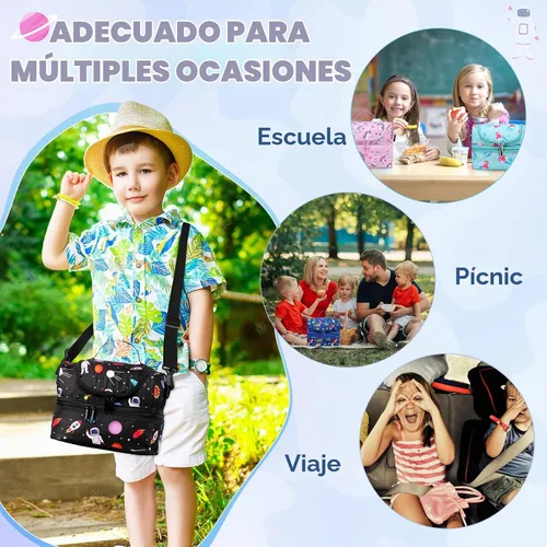 Vista 6 de Chase Chic Bolsa de almuerzo para niños, astronauta negro, poliéster, ligera, bien organizada, a prueba de fugas, 9.4x6.3x6.7 in