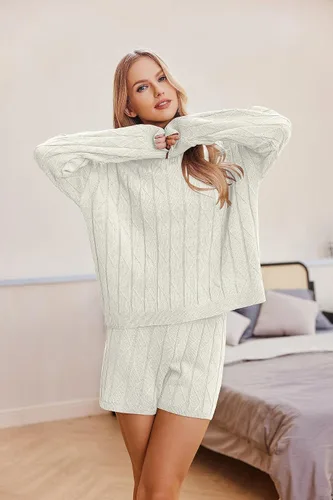Vista 4 de Ekouaer Conjunto de 2 piezas de suéter de manga larga y pantalones cortos para mujer