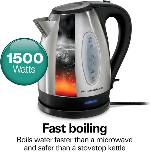 Vista 2 de Hervidor eléctrico de acero inoxidable 40885 de Hamilton Beach, 0.45 galones, rojo., Plateado Fast Boiling 1500 Watts BPA Free Cordless