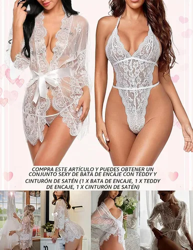Vista 2 de Avidlove Conjunto de lencería de encaje de 2 piezas para mujer, kimono 1White