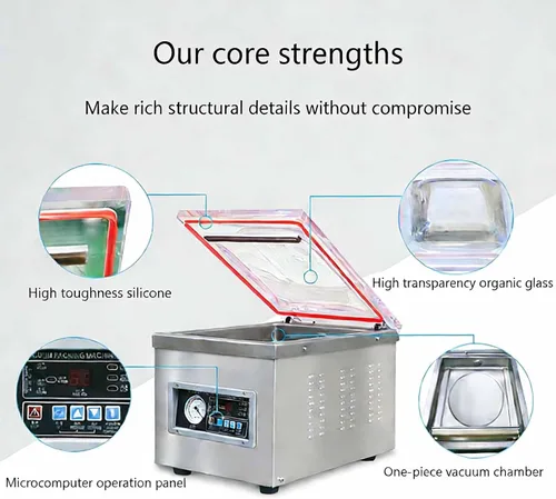 Vista 6 de Sellador al vacío de cámara de acero inoxidable, máquina automática de envasado de alimentos, potente conservador de carne y pescado, envasador al