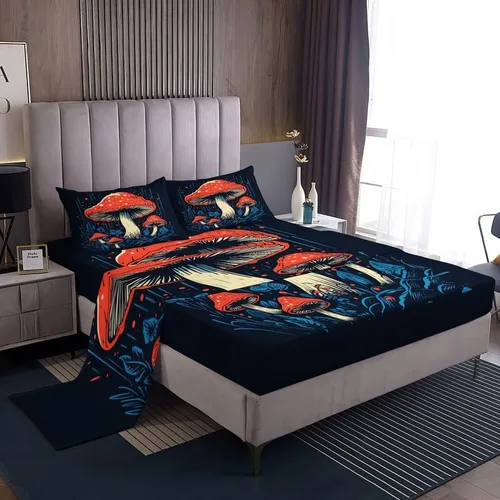 Vista 7 de Juego de sábanas tamaño individual de hongos, sábanas de microfibra suave y bolsillo profundo, sábanas y fundas de almohada estampadas sin arrugas