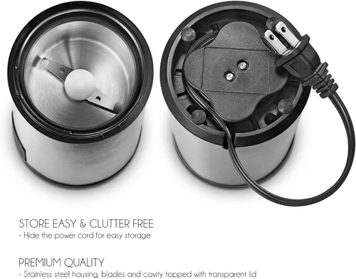 Vista 4 de FSM Molinillo de café eléctrico y molinillo de especias con sistema de bloqueo de seguridad, acero inoxidable con tapa transparente y base