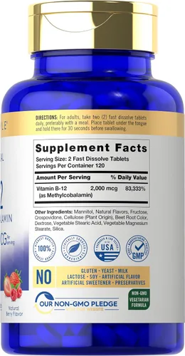 Vista 2 de Carlyle Vitamina B12 de 2000 mcg 240 tabletas de disolución rápida Metilcobalamina sublingual Sabor a bayas Suplemento vegetariano, sin OMG
