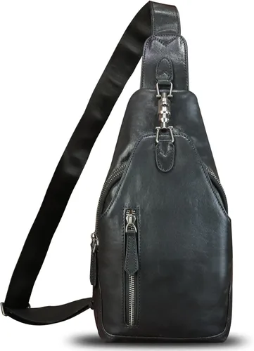 Vista 2 de LRTO Bolso bandolera de cuero genuino para hombres y mujeres, bolso cruzado de hombro de cuero real, bolsa de pecho, mochila