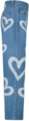 Vista 4 de Heart Print Jeans for Women Fashion Wide Leg High Waist Denim Pants Boyfriend Jeans Loose Fit Vintage Jeans for Teen Girls