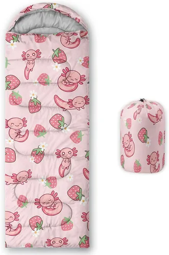 Vista 23 de QOOMO Axolotl - Lindos sacos de dormir para campamento, 3 estaciones, clima cálido y fresco, ligeros, impermeables, para adultos y niños, viajes