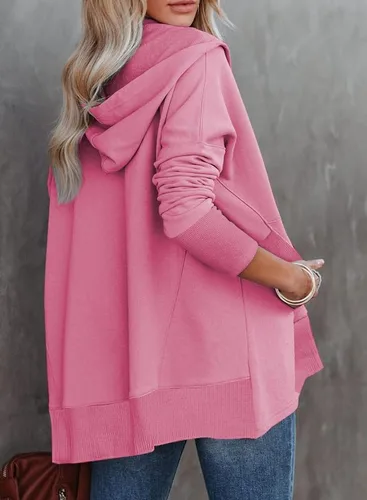 Vista 2 de SHEWIN Sudadera de gran tamaño para mujer, casual, con botones, cuello en V, con bolsillo