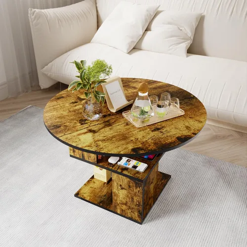 Vista 5 de Elephance Mesa de centro redonda con almacenamiento, mesa de centro de 3 niveles para sala de estar, mesa de madera marrón caramelo con marco negro