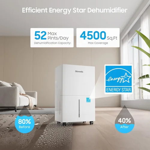 Vista 2 de Deshumidificador Energy Star de 4500 pies cuadrados para sótano del hogar, Glowells 52 pintas, deshumidificador de habitación grande con manguera