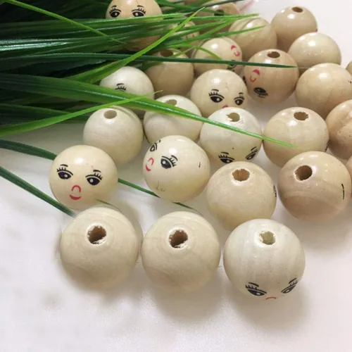 Vista 4 de Milisten 100 cuentas redondas de madera natural con cara sonriente de 0.551 in para manualidades, pulseras, collares, joyas, guirnalda de macramé