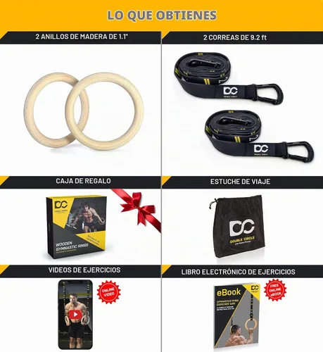 Vista 6 de Anillos de gimnasia de madera Double Circle con correas numeradas de ajuste rápido y guía de videos de ejercicios - Anillos de entrenamiento