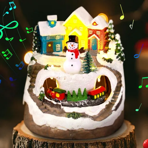 Vista 8 de Aldea musical de árbol de Navidad con luz, tren giratorio y ciervos