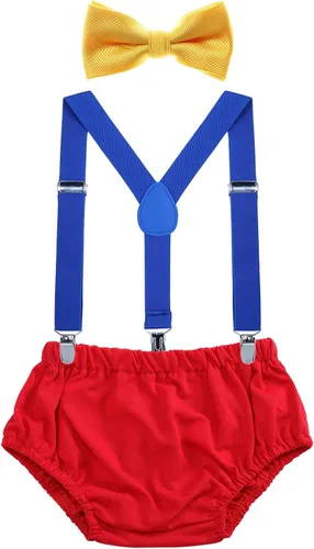 Vista 8 de AWAYTR Conjunto de bombones para bebé niño con tirantes y pajarita para fiesta de primer cumpleaños Beige