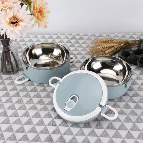 Vista 5 de Fiambrera portátil de acero inoxidable azul con aislamiento térmico para fideos de arroz, contenedor de alimentos, calentador de alimentos portátil
