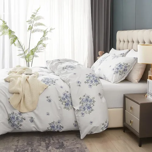 Vista 5 de HYPREST - Juego de funda de edredón de tamaño Queen con diseño floral de granja, 3 piezas, azul, suave, ligera y transpirable, certificado Standard