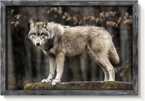 Vista 8 de Arte de Pared Enmarcado de Lobo: Pintura Moderna de Animales Salvajes de Madera Rústica Natural Imagen de Vida Silvestre Obra de Arte de Lobo Gris