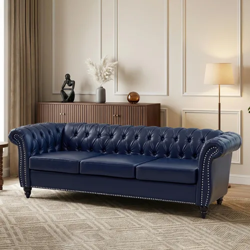 Vista 22 de AVZEAR Sofá Chesterfield de 84 pulgadas, 3 plazas, sofá clásico de cuero PU con brazos enrollados y respaldo con botones capitoné, sofá tipo canapé